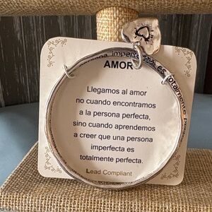 Silver Tone Heart Charm Bangle Bracelet - Inspirational Tag